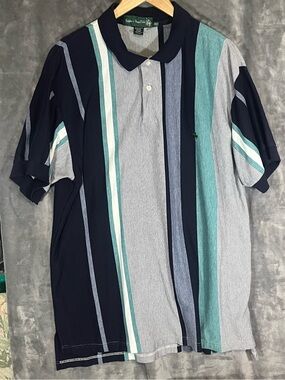Vintage Knights of Round Table Striped Polo Shirt in Navy and Teal